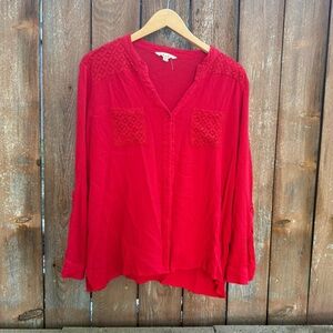 LINDA ANDERSON Women's Red Lace Button Up V Neck Pocket Size XL
